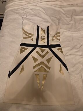Charlotte Russe White Strapless Mini Dress with Gold and Black Accents